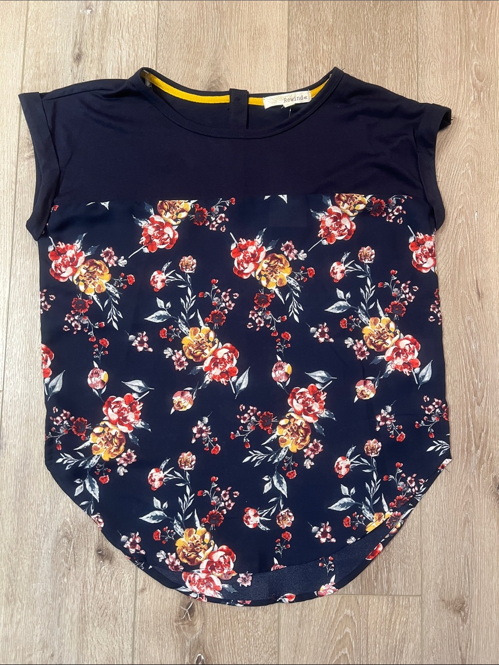 Rewind ~ Navy Floral Cap-Sleeve Blouse with Sheer Bodice, NEW WITH TAGS, Size L